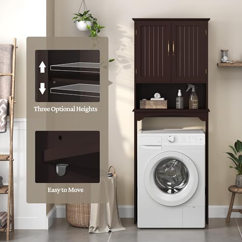 Yaheetech Over The Toilet Storage with 2 Doors & Adjustable Shelf, Free Standing Toilet Rack Wooden Space-saving Collect Cabinet, Bathroom Furniture, 9Dx24.5Wx66H Inches, Espresso | Doors Hide Clutter, Open Cubby Keeps Essentials Handy, Slim 9-Inch Depth