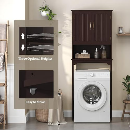 Yaheetech Over The Toilet Storage with 2 Doors & Adjustable Shelf, Free Standing Toilet Rack Wooden Space-saving Collect Cabinet, Bathroom Furniture, 9Dx24.5Wx66H Inches, Espresso | Doors Hide Clutter, Open Cubby Keeps Essentials Handy, Slim 9-Inch Depth