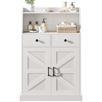 Farmhouse Bathroom Storage Cabinet with 2 Drawers & 2 Doors, Kitchen Cabinet Cupboard with Adjustable Shelves, Floor Storage Cabinet for Kitchen/Living Room/Bedroom, White