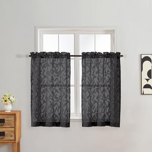 Gwine Black Curtains 36 Inch Length, Light Filtering Short Half Window Curtains Over Sink, Jacquard Leaf Tufted Textured Sheer Curtain for Bathroom Basement RV Camper, 42" Wx36 L, 2 Pieces - color: Black, size: 42"W x 36"L (Pack of 2)