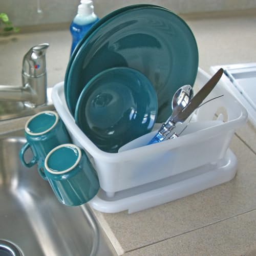 Camco RV Mini Dish Drainer & Tray - Features a Sloped Drain Tray Design, Heavy-Duty Construction - Ideal for Small Spaces, Apartments, Boats, and More -9.5"L x 11.7"W x 4.75"H - White (43511)