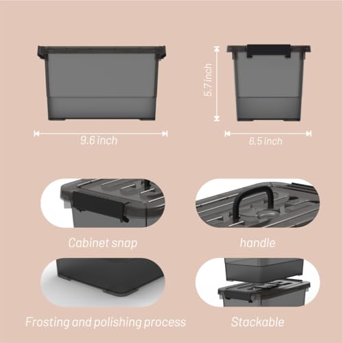 Plastic Storage Bins with Lids 5-Pack Storage Organizer, 4 Quart Stackable Storage Bins with Buckle Lids and Handle easy for Home Office Pantry Organization, Clear Black
