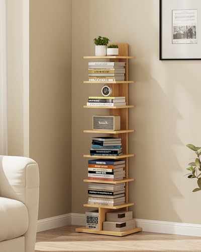 TUTOTAK Book Shelf, Narrow Spine Bookshelf, 8-Tier Bookcase for Small Space | 10.4 x 13.4 x 47.5 Inches Vertical Freestanding Corner Shelf for Living Room, Office, Study, Entryway, Natural BS06BN008 - color: Natural, size: 8 Tier