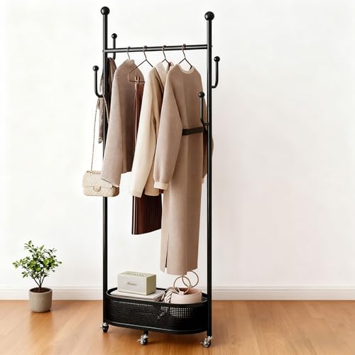 Coat Rack Freestanding Clothing Rack with Wheels & 1 Storage & 4 Hooks Heavy Duty Clothes Rack for Corner Bedroom Entryway Living Room Hotel (Black) - color: Black