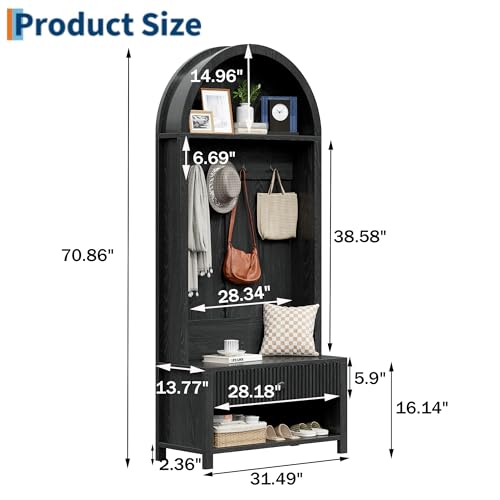 70.86-inch Entryway Hall Tree, Farmhouse-Style Wooden Coat Rack Freestanding, Entryway Organizer with Four Hooks, Standing Shoe Rack with Bench for Hallways, Foyers, and Living Rooms, Black - color: Black