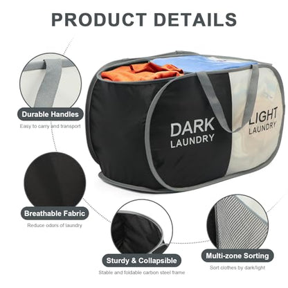 Seefoo Dual Compartment Laundry Hamper with Handles, Collapsible Laundry Baskets 2-Section, Dark/Light Labeled Storage Foldable Clothes Hamper for Laundry, Portable for Small Spaces, Apartment, Dorm