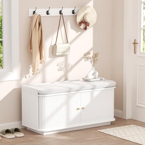 Hall Tree with Bench and Shoe Storage, Entryway Bench with Sliding Door Cabinet, Removable Padded, Metal Wall Hooks and Adjustable Storage Compartments, for Entry, Hallway, Living Room, White - color: White