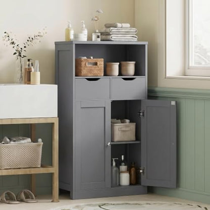 Vongrasig Bathroom Storage Cabinet, 42.5" H Freestanding Floor Cabinet | Wooden Modern Cabinet with 2 Drawers, Open Shelf and Adjustable Shelf for Bathroom, Laundry Room and Entryway, Grey - color: Grey