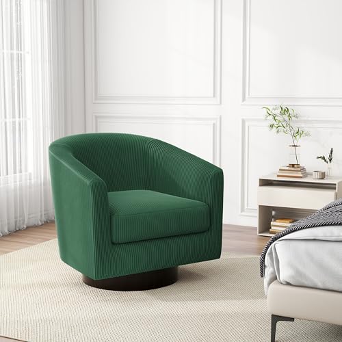 Swivel Barrel Accent Chair, Comfy Reading Armchair, Dark Green, Set of 1 | Club Chairs for Adults, Low-Back Design, Modern Round Style, Solid Wood Frame & Metal Swivel Base, For Living Room & Bedroom - color: Dark Green