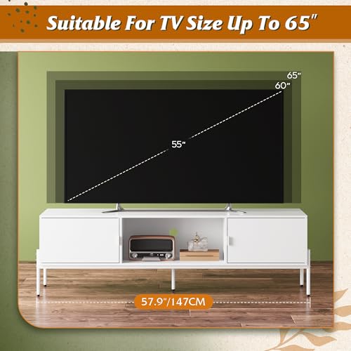 WLIVE 58" TV Stand for 65 Inch TVs, Mid Century Modern Entertainment Center with 2 Storage Cabinets & Open Shelf, Media Console Table with Metal Legs for Living Room, Bedroom, White - color: White