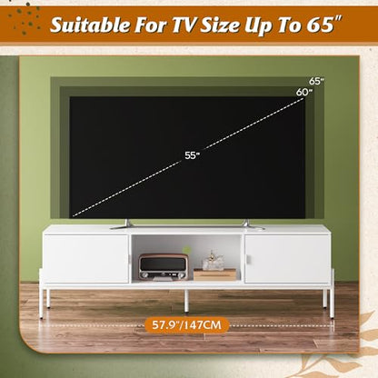 WLIVE 58" TV Stand for 65 Inch TVs, Mid Century Modern Entertainment Center with 2 Storage Cabinets & Open Shelf, Media Console Table with Metal Legs for Living Room, Bedroom, White - color: White