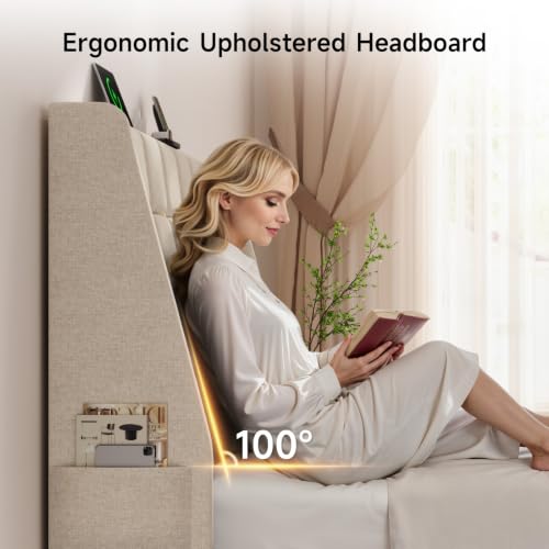 Ergonomic Upholstered Headboard Queen Size w/Charging Station, Linen Wingback Headboards w/Storage Pocket, Queen Headboard Only, Bed Frame Adapters, Sturdy Stable Solid Wood Bed Head Board, Beige - color: White Beige, size: Queen
