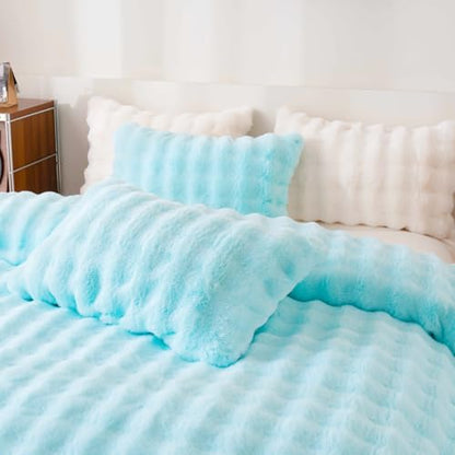 Fluffy Blue Duvet Cover Full Set, Soft Shaggy Plush Rabbit Bedding Set 3 Pieces (1 Fuzzy Comforter Cover + 2 Faux Fur Pillow Cases) Zipper Closure（Blue, Full） - color: Blue, size: Full