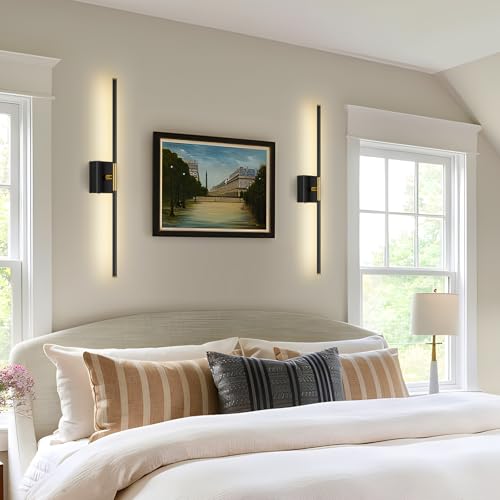 Wall Sconces Set of Two with Remote Control 29.1 in Dimmable Black Gold Battery Operated Wall Lights 350° Ratation 3000K-6000K LED Wireless Rechargeable Sconce for Bathroom Living Room Bedroom - color: Black & Gold, size: 29.1in(2 Pack)