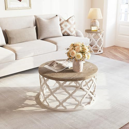karlott Farmhouse Coffee Table, French Country Round Coffee Table, Beige | Solid Wood Veneer Tabletop, Curved Motif Frame Base, Coastal Boho Center Table, Small Rustic Coffee Tables for Living Room - size: Coffee Table 30 Inches