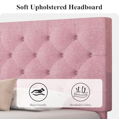 HOMBCK Full Bed Frame with Headboard, Linen Fabric Upholstered Bed Frame Full, Pink Bed Frame with Wood Slats, Button Tufted, No Box Spring Needed, Pink - color: Pink, size: Full