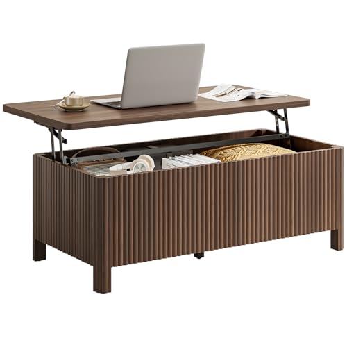 Fluted Lift Top Coffee Table with Storage, Mid Century Modern Coffee Table with Hidden Compartment, Rising Top Wood Center Table for Living Room, Home Office, Rounded Edges (Walnut) - color: Walnut