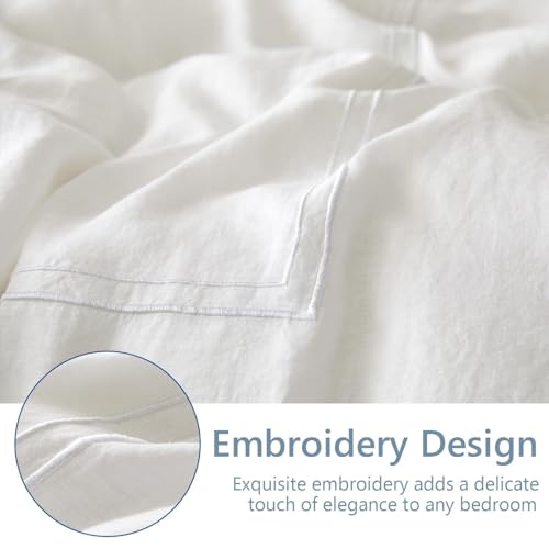 Simple&Opulence 100% Washed Linen Duvet Cover Set 68"x86" - 2 Pieces Soft Farmhouse Comforter Cover Set Double Embroidered with Button Closure - 1 Duvet Cover and 1 Pillowcase (White, Twin) - color: 2 Embroidery White, size: Twin