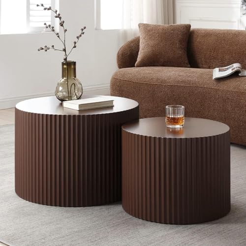 JUSTONE Round Nesting Coffee Table Set of 2 - Space-Saving Brown Modern Wooden Accent Tables for Small Spaces, Handcrafted Wood Side/End/Bedside Tables for Living Room & Bedroom - color: 23.62" Round-brown