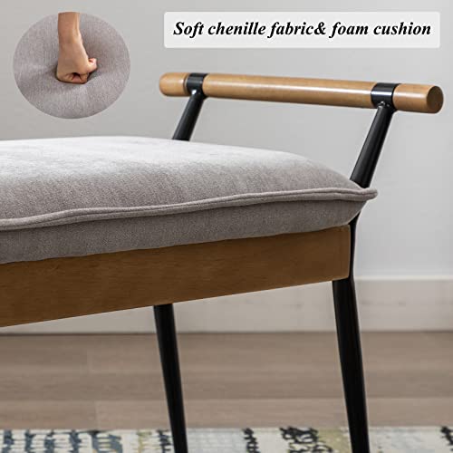 DUOMAY Modern Chenille Ottoman Bench with Arms & Metal Legs, Grey | Mid Century Rectangle Bench Footstool Dining Bench Entryway Shoe Bench For Bedroom Living Room - color: Grey