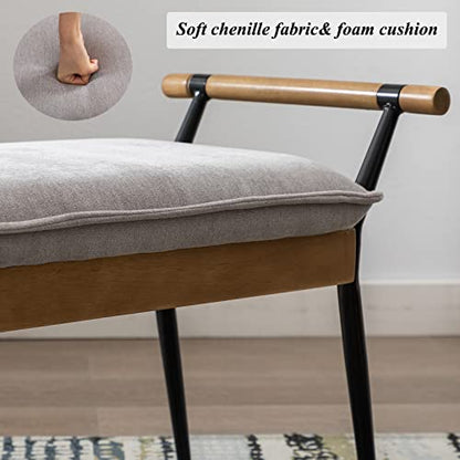 DUOMAY Modern Chenille Ottoman Bench with Arms & Metal Legs, Grey | Mid Century Rectangle Bench Footstool Dining Bench Entryway Shoe Bench For Bedroom Living Room - color: Grey