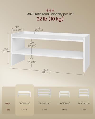 VASAGLE Shoe Rack for Closet, Stackable Organizer Shelf | Stackable Shoe Organizer Shelf for Entryway, 2 Tiers, 11.7 x 32.3 x 14.2 Inches, White, CUSTOS Collection, ULBS060WZ01S - size: 2 Tiers (32.3"W)