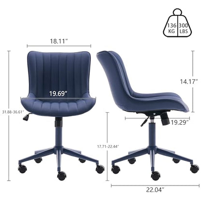 YOUNIKE Office Desk Chair with Wheels Armless Vanity Chair Modern Navy Blue | Faux Leather Upholstered with Rocking Back, Swivel Height Adjustable, Small Cute Computer Rolling Task Chair Ergonomic - color: All Navy Blue, size: Base Same Color
