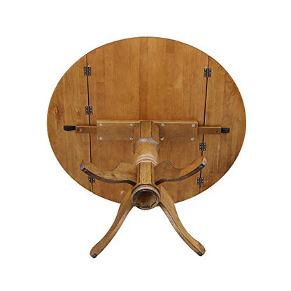 42" Round Dual Drop Leaf Pedestal Dining Table Solid Wood, Easy Assembly, Sturdy Parawood, Kitchen/Dining Room, 29.5"H x 42"W x 42"D, 20mm Thickness Top, Includes Two 9" Drop Leaves - color: Pecan