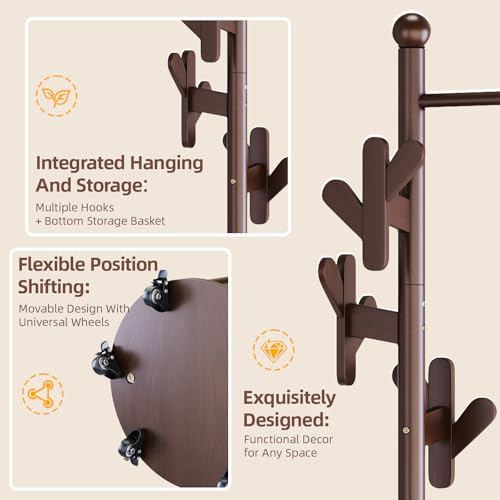 CozyDH Wooden Coat Rack Stand with Umbrella Holder and Wheels, Freestanding Hall Tree Coat Hanger with Multi Hooks, Heavy Duty Coat Tree for Entryway Bedroom Hallway Office, Walnut - color: Walnut, size: Round-15.7D×15.7W×72.8H
