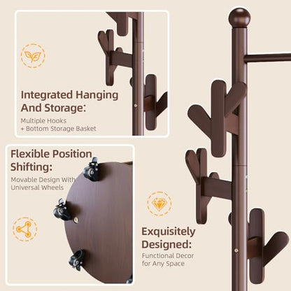 CozyDH Wooden Coat Rack Stand with Umbrella Holder and Wheels, Freestanding Hall Tree Coat Hanger with Multi Hooks, Heavy Duty Coat Tree for Entryway Bedroom Hallway Office, Walnut - color: Walnut, size: Round-15.7D×15.7W×72.8H