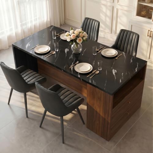 Miereirl 5-Piece Dining Table Set for 4, 63" Kitchen & Dining Room Set with Upholstered Chairs, Dining Table with 2 Storage Drawers for Apartment - color: Black, size: Table & 4 Black Chairs-Model 43