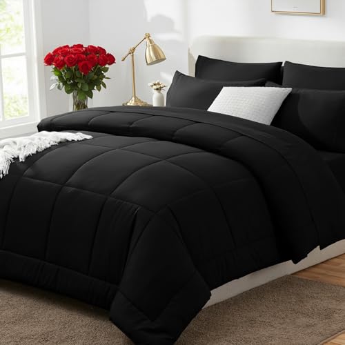 Super King Plus Comforter Set Black - 7 Pieces Bed in a Bag | OEKO-TEX Certified, All-Season, Bedroom, Guest Room, Down-Alternative Comforter + Flat & Fitted Sheets + 4 Pillowcases - color: Black, size: Super King Plus