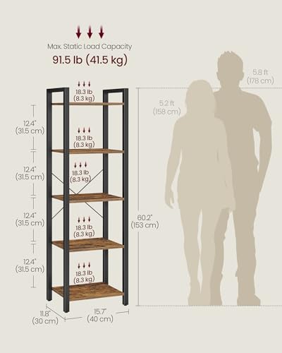 VASAGLE 5-Tier Bookshelf, Bookcase with Steel Frame, Book Shelf for Living Room, Home Office, Study, 11.8 x 15.7 x 60.2 Inches, Industrial Style, Rustic Brown and Ink Black ULLS100B01 - color: Rustic Brown + Ink Black, size: 5 Tiers (11.8"D x 15.7"W x 60.