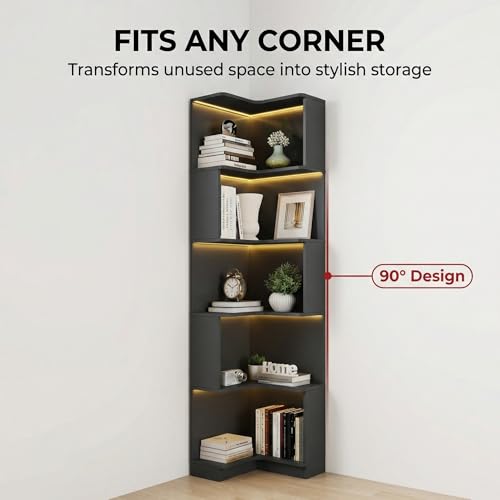 Corner Bookshelf, 5 Tier Tall Corner Bookcase with LED Lights, Freestanding L Shaped Open Display Shelf for Living Room, Bedroom, Home Office (Black) - style: Black-without drawers