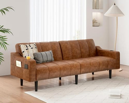Brelice 80'' Futon Sofa Bed, Leather Couch, Faux Leather Couch with Adjustable Backrest, 2 Cup Holders & Side Pockets, Mid Century Modern Futon Sofa for Living Room, Bedroom, Light-Brown - color: Faux Leather Brown