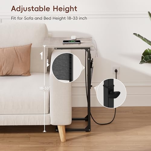 C Shaped End Table with Charging Station, Adjustable Height Side Table for Couch Recliner, Small Sofa Table with Storage Bag, Slide Under Sofa TV Tray Arm Table for Living Room, Bedroom, Gray - color: Greige, style: With Plug