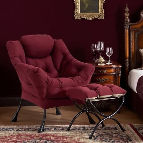 Lazy Chair with Ottoman, Comfy Reading Accent Chair, Burgundy | Foldable Footrest, Padded Seat and Backrest, Side Pocket for Lounging in Living Rooms, Bedrooms, Dorms and Small Spaces - color: Burgundy