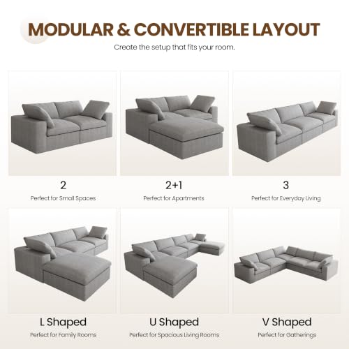 118" Cloud Modular Sofa, Convertible Modular 3 Seater Couch, Cotton Linen Fabric Sofa for Living Room, Apartment and Bedroom, Removable Covers, 2 Pillows, Grey - color: Grey, size: 3-Seater