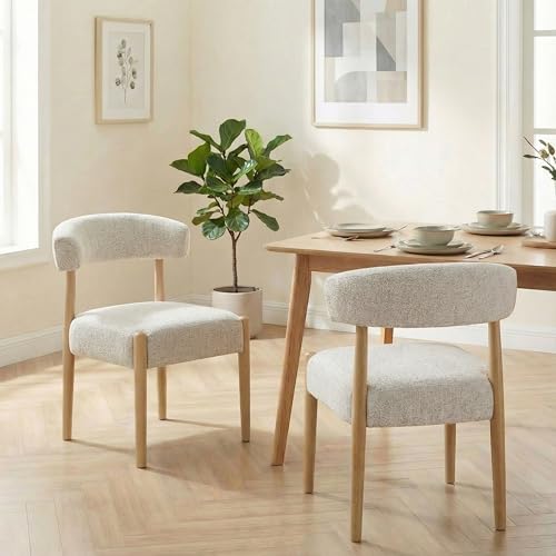 VKNOW Wooden Dining Chairs Set of 4 with Rubberwood Legs, Curved Backrest | Modern Upholstered Dining Chairs with Thickened Cushion, Soft Chenille Fabric, for Dining Room/Kitchen, Heathered Off-White - color: Heathered Off-white, size: Set of 4