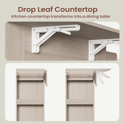 51'' Mobile Kitchen Island with Drop Leaf, Rolling Kitchen Cart with Drawrs & Storage Cabinet on Wheels, Portable Island Table with Spice Rack & Towel Rack for Dining Room, White Oak Gray