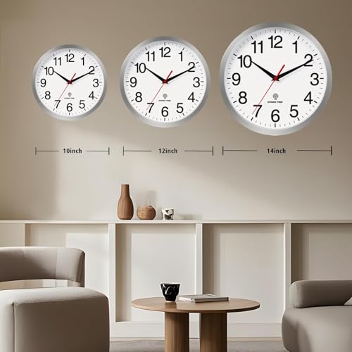 Wall Clock Analog 14 Inch Atomic Battery Operated Silent Clock | Silver, Easy To Read, Non Ticking, Round, Accurate, Kitchen, Living Room, Classroom, Office, School - color: Atomic_silver, size: 14 Inch