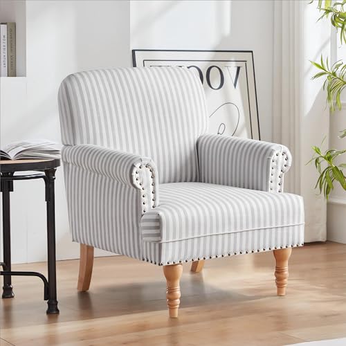 HUIMO Linen Fabric Accent Chair, Mid-Century Modern Armchair with Solid Wood Legs, Single Sofa Chair,Upholstered Reading Club Chair (1, Grey and White Stripe) - color: Light Grey and White Stripe