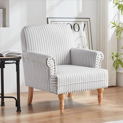 HUIMO Linen Fabric Accent Chair, Mid-Century Modern Armchair with Solid Wood Legs, Single Sofa Chair,Upholstered Reading Club Chair (1, Grey and White Stripe) - color: Light Grey and White Stripe