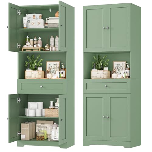 Tall Bathroom Storage Cabinet with Drawer, Modern Linen Cabinet,Green | 67"H Tall Storage Cabinet with Doors & Shelves, Freestanding Kitchen Pantry for Bathroom, Dining Room, Laundry, Narrow Corner - color: Green