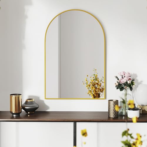 30x20 Bathroom Mirror Arch Wall Mounted/Against Aluminum Frame Gold | HD Crystal Clear No distortion Tempered Glass,Make-Up Vanity Mirrors for Bedroom,Entryway,Bathroom,Living Room - color: Gold, size: 30"L x 20"W
