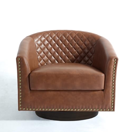Faux Leather Swivel Accent Chair, Modern Barrel Club Armchair, Brown | Comfy Living Room Chair, Modern Nailhead Trim Round Armchair Bedroom Reading Seat with Removable Cushion, Wood Frame - color: Retro Brown