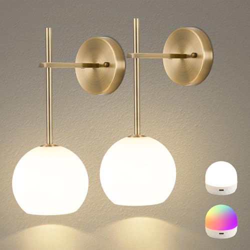 Brass Battery Operated Wall Sconces Set of 2, Rechargeable Wireless Wall Lights with Milky White Frosted Glass, 12 RGB and 3CCT Dimmable, Wall Lamps with Remote for Bedroom Living Room Hallway - color: Brass