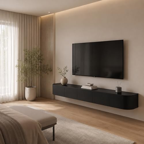 Floating TV Stand Wall Mounted Entertainment Center Modern Media Console Cabinet with Hidden Storage, 2 Drawers, Cable Holes and Rounded Corners for Living Room Bedroom(Black,L86.61IN) - color: Black, size: L86.61IN
