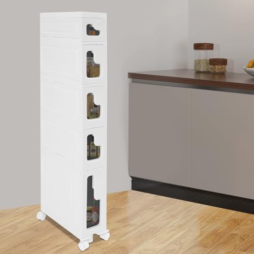 5 Tiers Slim Bathroom Storage Cabinet, 15.7" L X 6.3" W X 46.5" H Slim Rolling Cart, 66.14 Lbs Load-Bearing Capacity Narrow Storage Cabinet for Living Room, Kitchen, Bathroom, Office - size: 15.7" L X 6.3" W X 46.5" H