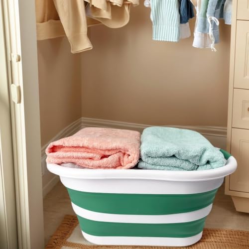 SAMMART 40L (10.5 gallon) Collapsible Plastic Laundry Hamper - Foldable Pop Up Storage Container/Organizer - Portable Washing Tub - Space Saving Basket (1, White/Winter Green) - color: White/Winter Green
